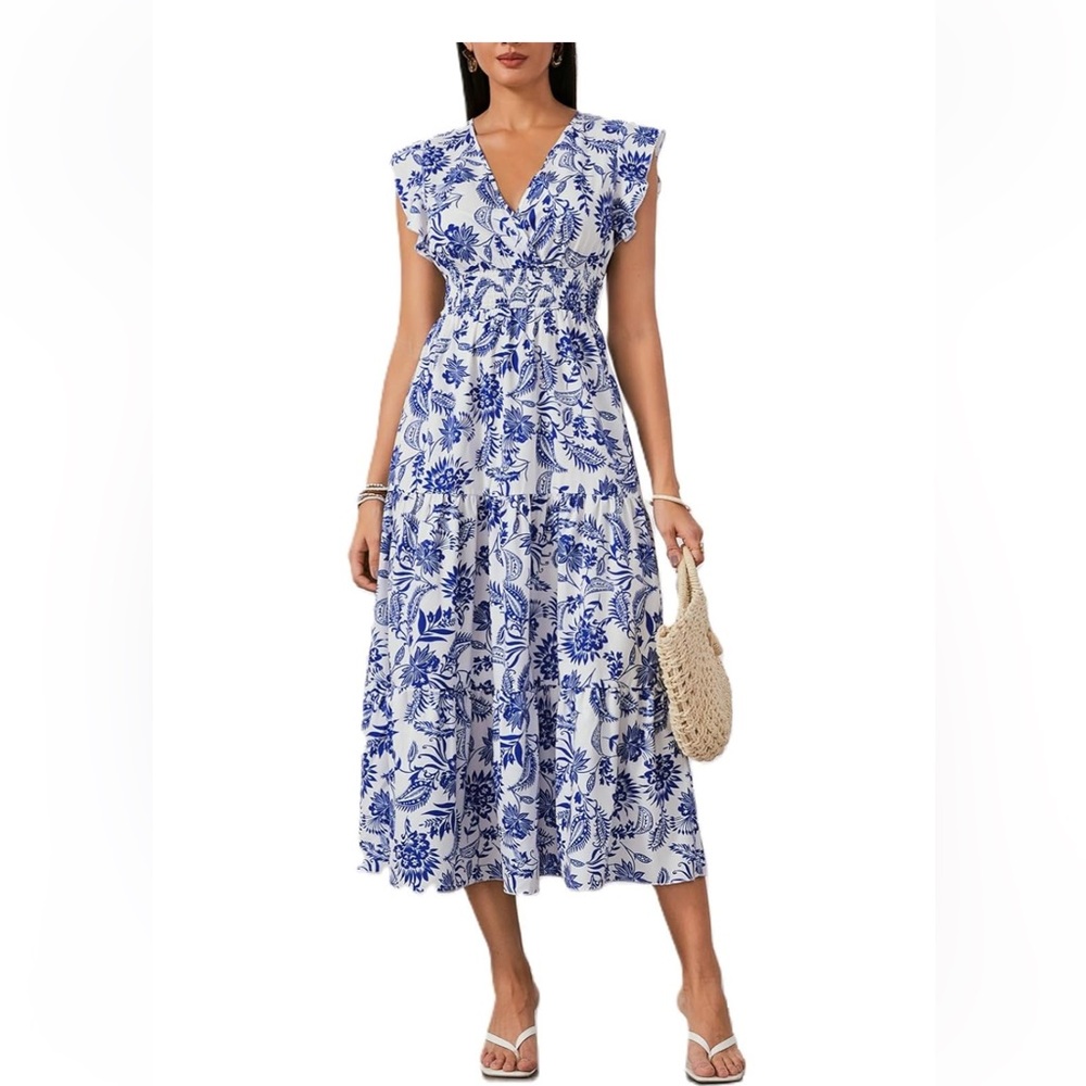 Boho Floral V Neck Ruffle Hem Maxi Dress